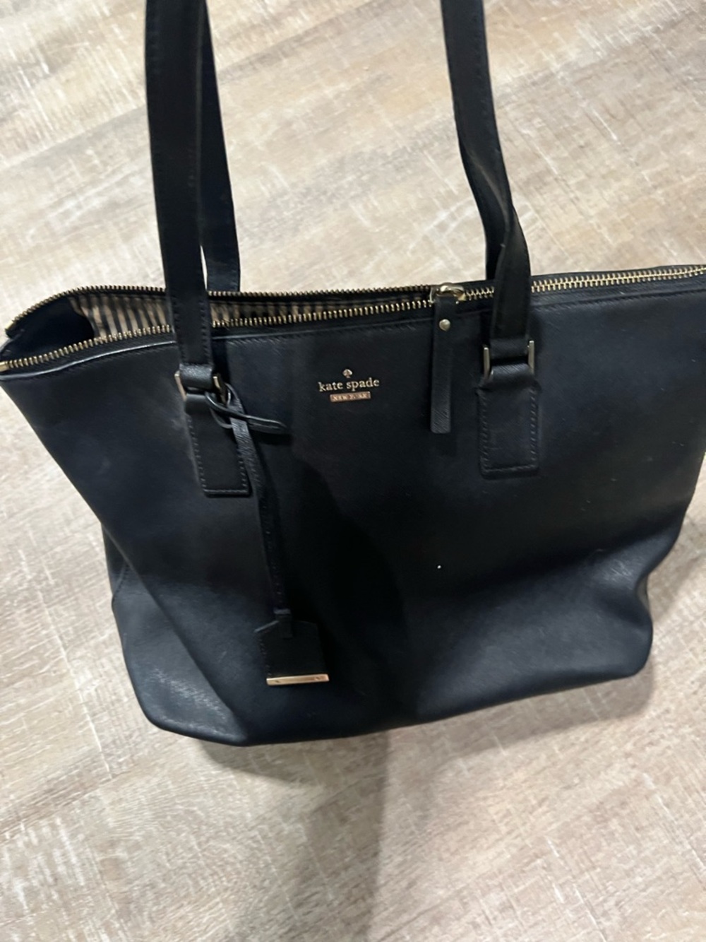kate spade black leather tote with gold logo hardware